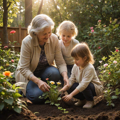 Warm, softly lit photo of a grandmother and child gardening together, soft sunlight filtering through the trees, dirt-covered hands planting flowers, the smell of fresh earth and flowers in the air, and a sense of togetherness and growth.