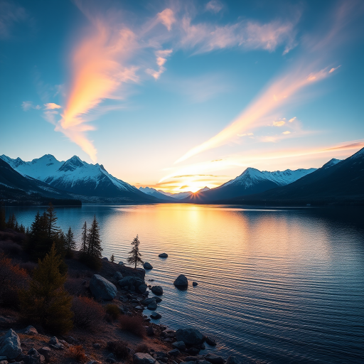 landscape photograph of a tranquil lake surrounded by majestic snow-capped mountains at sunset with soft reflections on the water, shot with a Canon EOS R5, 24mm lens, f/11 aperture, ISO 100, 1/125 sec shutter speed, using a wide-angle view to capture the expansive scene in vibrant colors and enhanced clarity