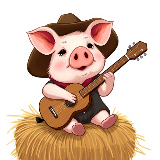 A chibi pig, dressed as a cowboy, playing guitar, sitting on a hay bale