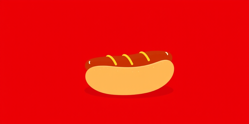 Create a stylized illustration of a hot dog on a vibrant red background, using a Canon EOS 5D Mark IV with a 50mm lens, aperture f/2.8, ISO 100, and a shallow depth of field for a clean, modern look.
