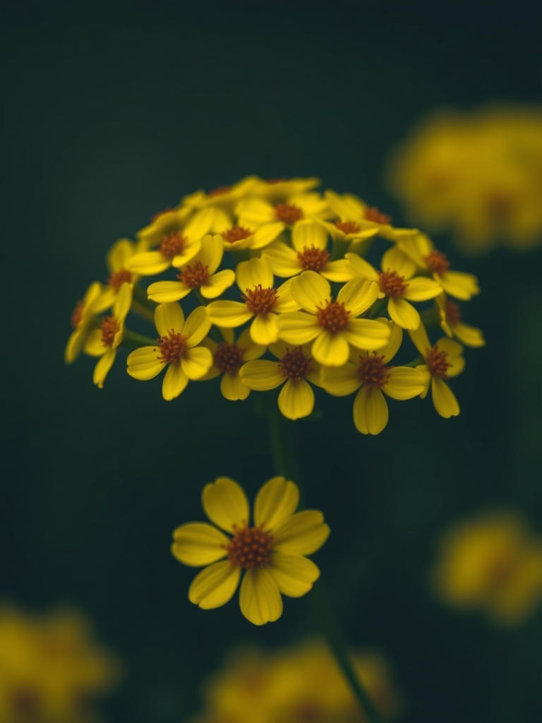 Close-up of a cluster of yellow flowers with a blurred dark background, using a 50mm lens, aperture f/2.8, ISO 100, shutter speed 1/200s, soft focus, natural light, DSLR camera.