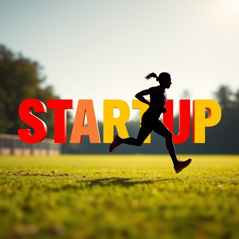 Create an enhanced image of the word "STARTUP" in bold, colorful letters with a silhouette of a sprinter in motion, using a 50mm lens, f/1.8 aperture, ISO 100, and a bright, natural light setting to ensure sharpness and vibrancy.
