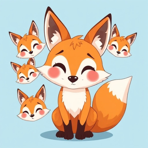 Create a high-quality illustration of a cartoon fox character with multiple facial expressions on a light blue background, shot with a DSLR camera at f/5.6, ISO 100, 50mm lens, natural lighting, and a slight vignette to enhance details.
