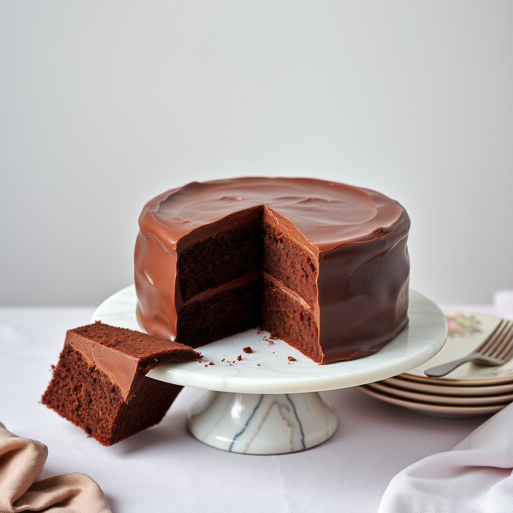 Create an image of a rich chocolate cake with smooth chocolate frosting. The cake should be round and appear moist, with a slice removed to show its fluffy interior. Place the cake on a marble cake stand, with a soft, neutral background. Include decorative plates and a small fork beside the cake for an inviting presentation.