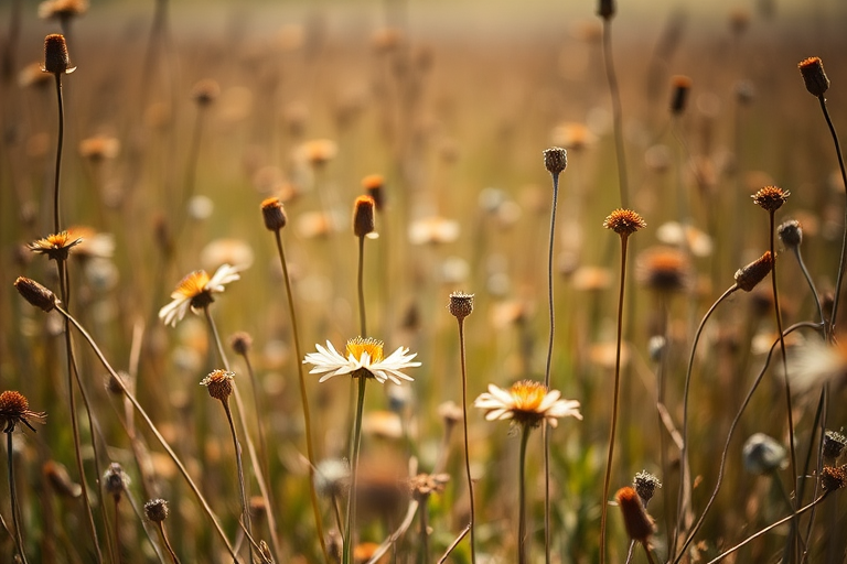 Regenerate the image of dried wildflowers in a field on a sunny day with a shallow depth of field, f/2.8 aperture, 50mm lens, ISO 100, shot from a low angle with bright natural lighting to enhance details and colors.