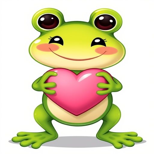 Create a cute cartoon frog character with a smiling face and rosy cheeks holding a large pink heart in its hands against a simple white background. The frog should have a friendly and cheerful expression, and the style should be playful and colorful.