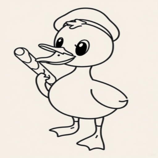 Draw a cartoon duck wearing a beret holding a baguette in its wing with a simple black outline style on a white background.