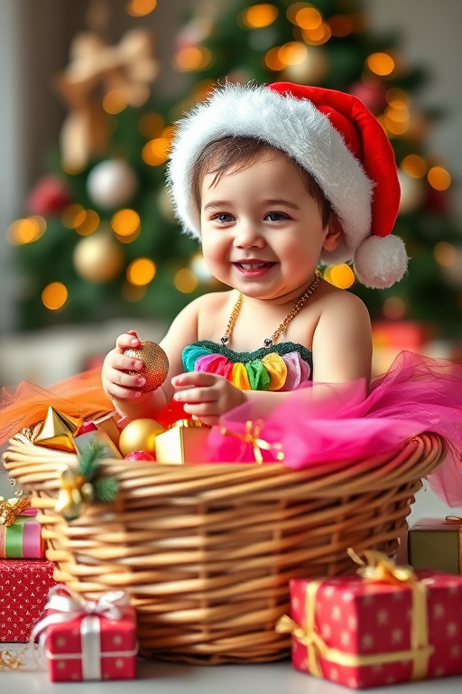 A joyful toddler wearing a Santa hat and a colorful tutu, playing with ornaments in a large festive basket surrounded by beautifully wrapped Christmas presents, with a soft bokeh background, captured with a DSLR camera at f/2.8, ISO 100, 1/200 sec, in portrait orientation with natural lighting.