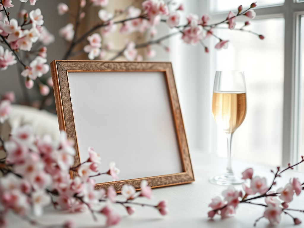 A soft-focus still life of a picture frame with empty space, placed on a light-colored table, surrounded by blooming cherry blossom branches, a glass of sparkling wine, natural light from a window, shallow depth of field, 50mm lens, f/2.8, ISO 100, capture in high-resolution JPEG.
