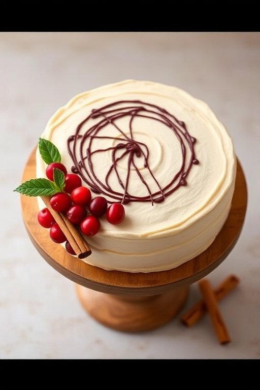 A beautifully decorated cake on a wooden cake stand featuring a smooth beige frosting topped with a circular design of chocolate drizzle and surrounded by fresh cranberries and green leaves, with a couple of cinnamon sticks artfully placed on the side. The background has a soft, neutral tone that complements the cake's warm colors.
