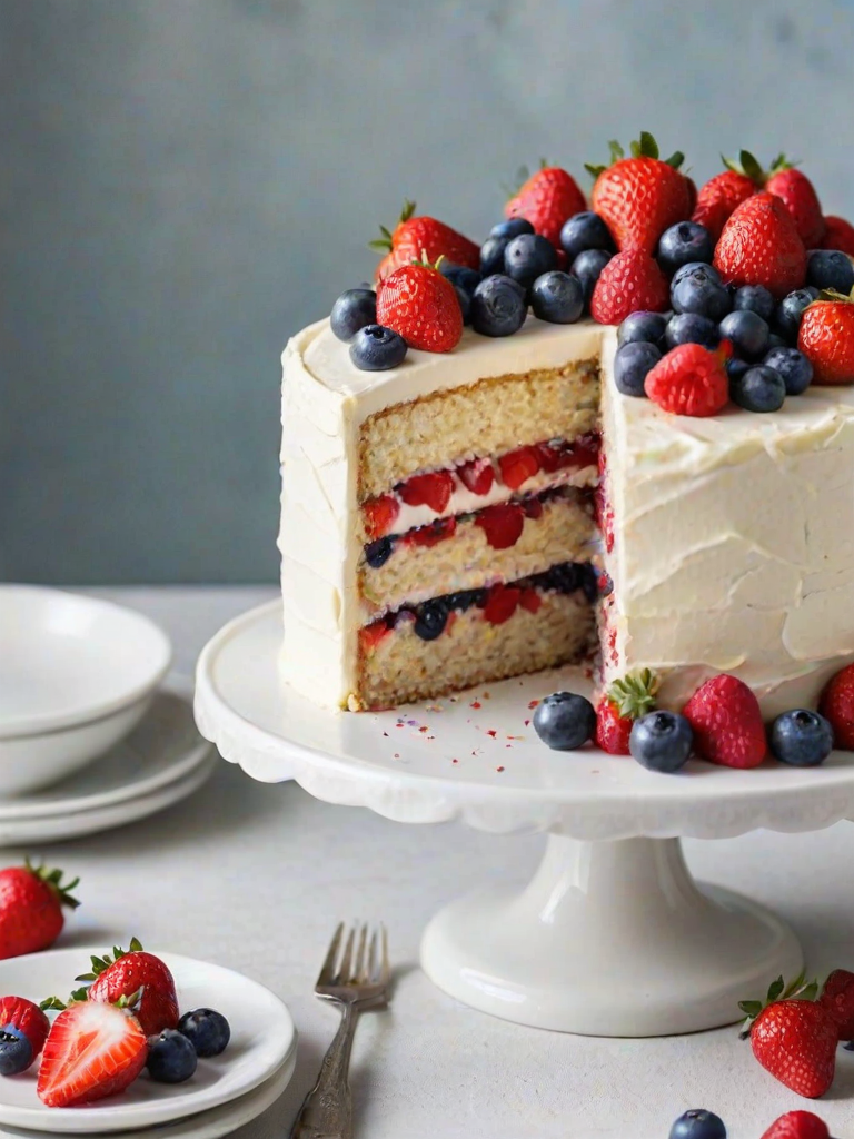 Create an image of a layered white cake with a smooth frosting, filled with a variety of fresh berries like strawberries, blueberries, and raspberries. The cake should be displayed on a white cake stand, with a slice cut out and placed on a separate plate beside it, showcasing the berry-filled layers. The background should be simple and bright to highlight the cake.