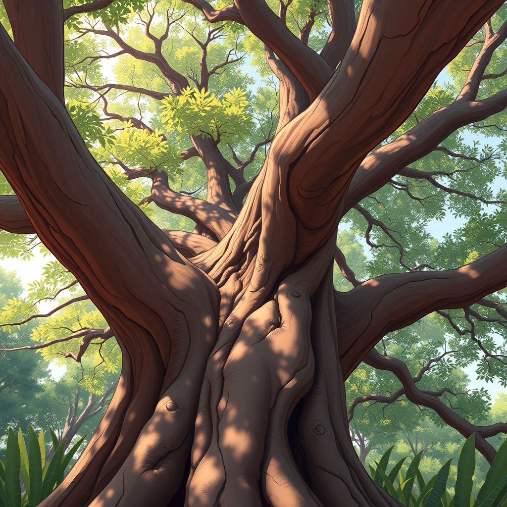Create a highly detailed illustration of a large tree with a thick trunk and lush, leafy canopy, captured from a low-angle view with soft natural lighting, using a DSLR camera with an aperture of f/2.8, ISO 100, and a focal length of 50mm to enhance depth of field and vibrancy.
