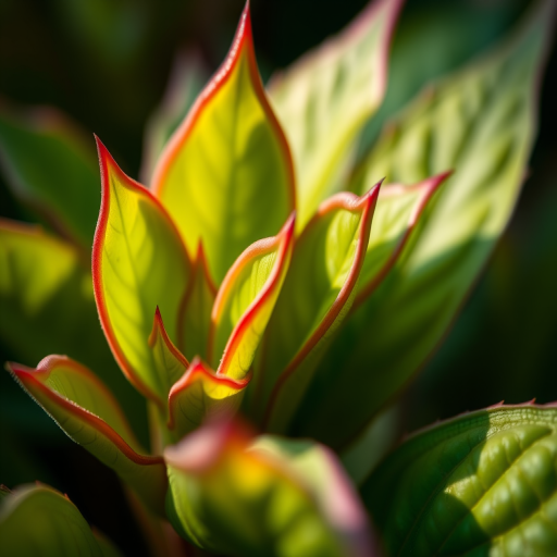 macro shot of fresh green leaves with reddish tips, f/2.8 aperture, 1/100 sec shutter speed, ISO 100, 100mm lens, natural lighting, soft focus background, Canon DSLR