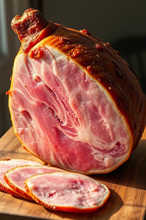 Create a high-resolution image of a whole leg of ham, using a DSLR camera with a 50mm lens, aperture set to f/2.8, ISO 100, and natural lighting from the side to enhance texture and detail.