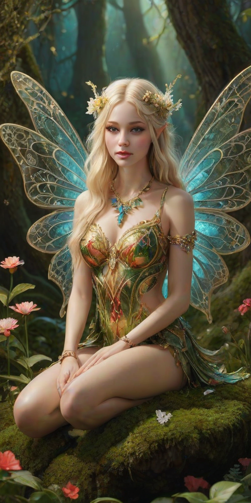A digital artwork features a winged fairy with delicate Aqua butterfly wings, adorned with intricate Ivory andAsparagus patterns. She is seated on a vibrant Moss flower, wearing a revealing red two-piece outfit with sparkling beadwork. Her fair skin, long blonde hair, and gold jewelry add to her ethereal appearance. The background is a warm, golden gradient, creating a magical atmosphere. Small glowing orbs and sparkles surround the flower, enhancing the enchanting, highly detailed, and realistic scene.