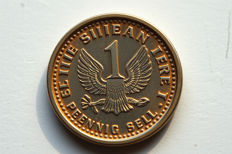 Generate an image of a 1 Pfennig coin, using a macro lens, with a shallow depth of field, f-stop 2.8, ISO 100, and a soft lighting setup, shot from a top-down perspective to emphasize details and texture.