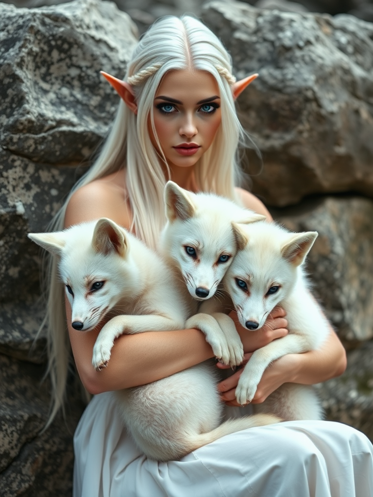 Create an ethereal scene featuring an elf woman with long white hair and striking blue eyes, cradling two white foxes against a rocky backdrop, captured with a Canon EOS R5, 85mm f/1.2 lens, aperture set to f/2.8, natural soft lighting, and a shallow depth of field to enhance the focus on the subjects while creating a dreamy atmosphere.