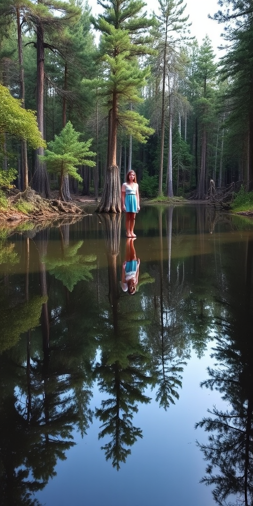 Serene forest pond, the water still and calm, with a woman standing on the edge, her reflection clear in the glassy surface below.