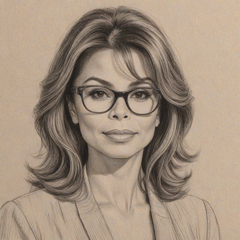 Captivating Paula Abdul, pencil sketch, portrait of Wonderful woman 1949s in glasses, hair style beatnik, outline, clear lines, fine lines, 8k