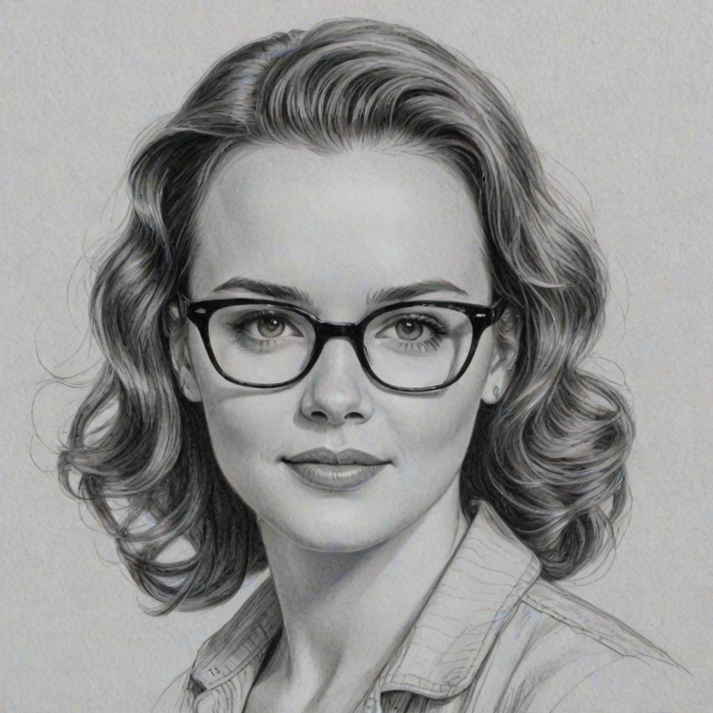 Radiant Kay Panabaker, pencil sketch, portrait of Lovely woman 1953s in glasses, hair style beatnik, outline, clear lines, fine lines, 8k
