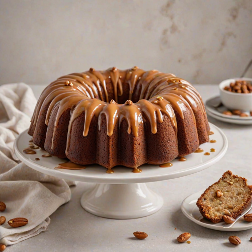 Generate an image of a delicious bundt cake with a rich caramel glaze drizzling over it. The cake should be moist and have chunks of nuts visible inside, with additional nuts sprinkled on top for decoration. The setting is a simple, elegant white plate, with a soft, neutral background.