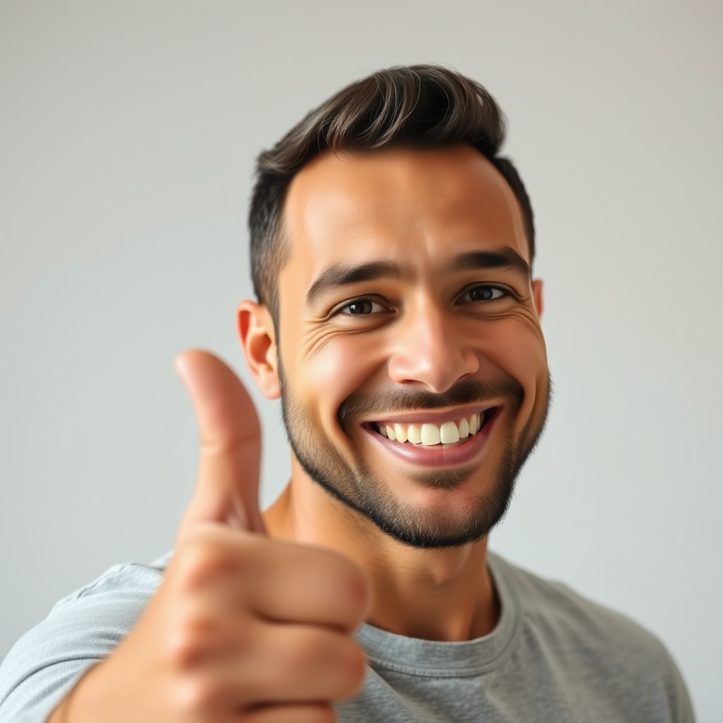 Generate an image of a smiling man giving a thumbs up, using a Canon EOS R5 camera, 50mm lens, aperture f/1.8, ISO 100, shutter speed 1/200s, front view, soft lighting, minimalist background for enhanced quality.