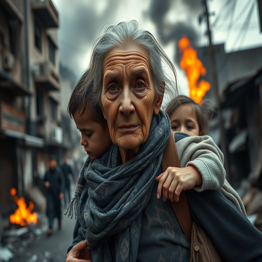 Create a high-resolution image of an elderly woman with deep, expressive features carrying a small child on her back in an apocalyptic urban setting, with flames and smoke in the background, using a Canon EOS R5, 50mm lens, f/1.8 aperture, ISO 100, with a dramatic low-angle perspective to emphasize the intensity of the scene and enhance the emotional impact.