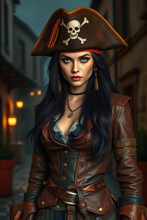 Create a portrait of a fierce female pirate. She wears a leather tricorn hat adorned with a skull and crossbones emblem, and her long, dark hair flows around her face. Her outfit consists of a richly detailed leather jacket, a corset, and multiple layers of belts and accessories, giving her a formidable and stylish appearance. She stands confidently in a dimly lit, historic port town, with a backdrop of weathered buildings and cobblestone streets, capturing the adventurous spirit of a pirate.