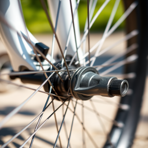 Close-up of a bicycle wheel hub with a focus on the spokes and quick release lever, natural sunlight for soft shadows, aperture f/2.8, shutter speed 1/200s, ISO 100, DSLR camera with 50mm lens.