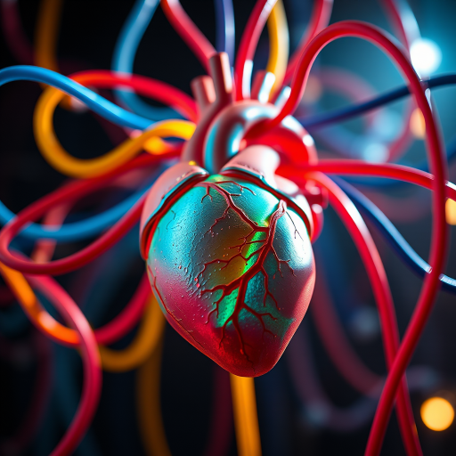 Create a hyper-realistic image of a human heart connected to colorful tubes, with dramatic lighting and an ethereal background, shot with a Canon EOS R5, 50mm lens, f/1.8 aperture, ISO 100, and a low angle view to enhance depth and detail.
