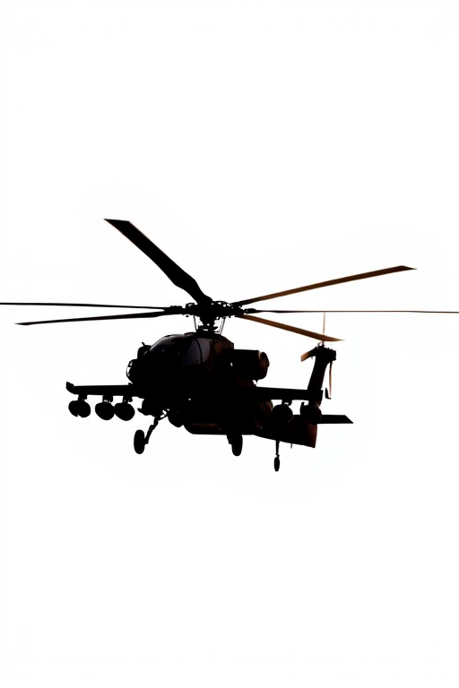 silhouette of an Apache helicopter against a white background, shot with a DSLR camera, 50mm lens, f/8 aperture, ISO 100, 1/250s shutter speed, centered composition, high contrast, minimalist style