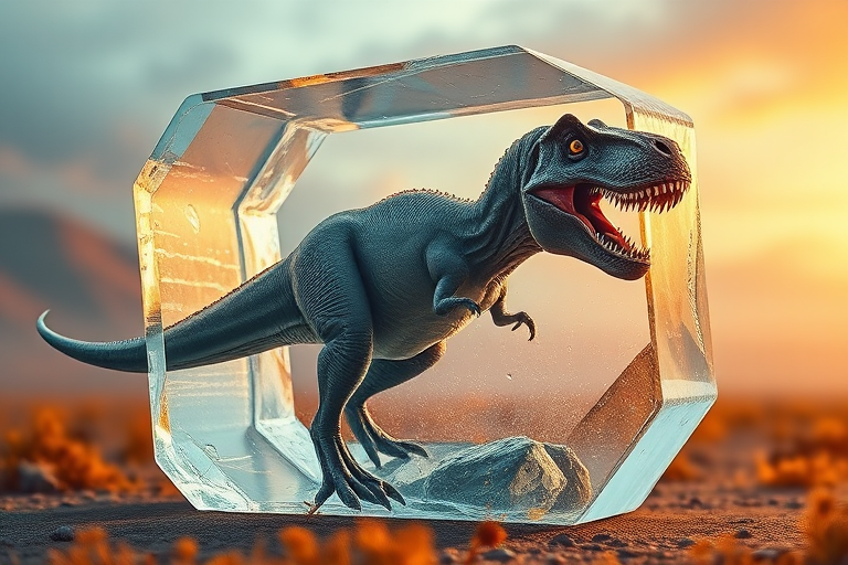 Create a highly detailed image of a Tyrannosaurus Rex encased in a translucent ice cube, set in a prehistoric landscape with warm orange tones, using a Canon EOS R5 camera with a 50mm lens, aperture f/1.8, ISO 100, and a soft focus background for depth.