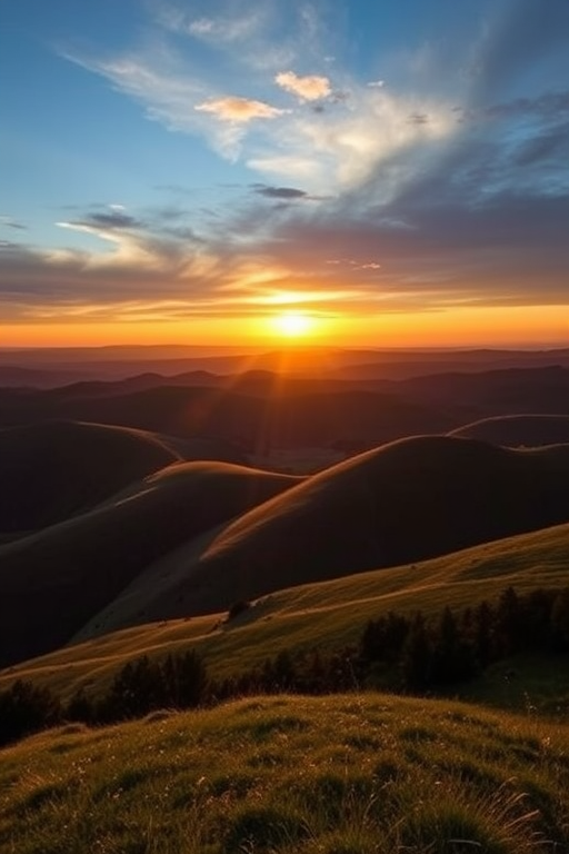Create a high-resolution image of a tranquil landscape featuring rolling hills and a sunset, with a wide-angle lens, f-stop of 8 for depth of field, ISO 100 for clarity, balanced lighting, and a DSLR camera style.