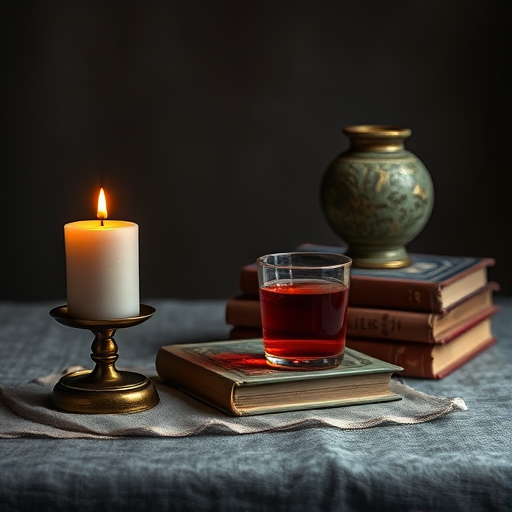 still life arrangement featuring a lit candle on a holder, a glass of red liquid, stacked vintage books, arranged on a textured surface with a moody background, shot with a DSLR camera at f/4 aperture, 50mm lens, ISO 100, soft natural lighting for enhanced detail and depth.
