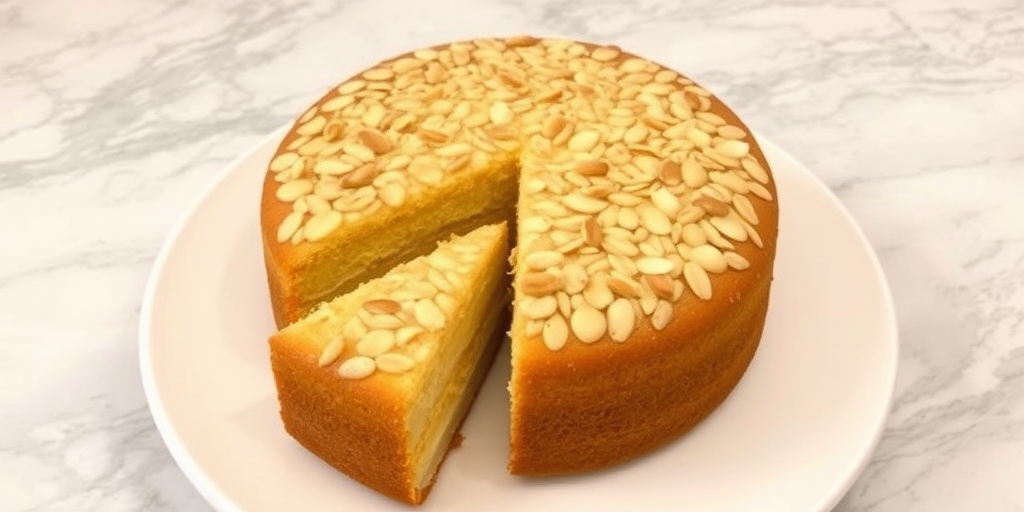 A round cake with a glossy almond topping sliced to show creamy layers inside placed on a white plate against a marble background.