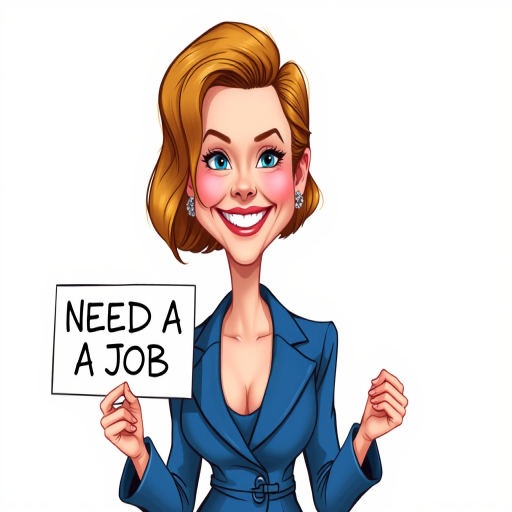 caricature of a smiling Emma Stone in a Cobalt dress or suit, holding up a sign that says "NEED A JOB", no watermark,