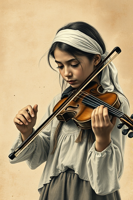 a young M'tis woman with a white headband playing a violin, in the style of a charcoal drawing, sepia grunge background