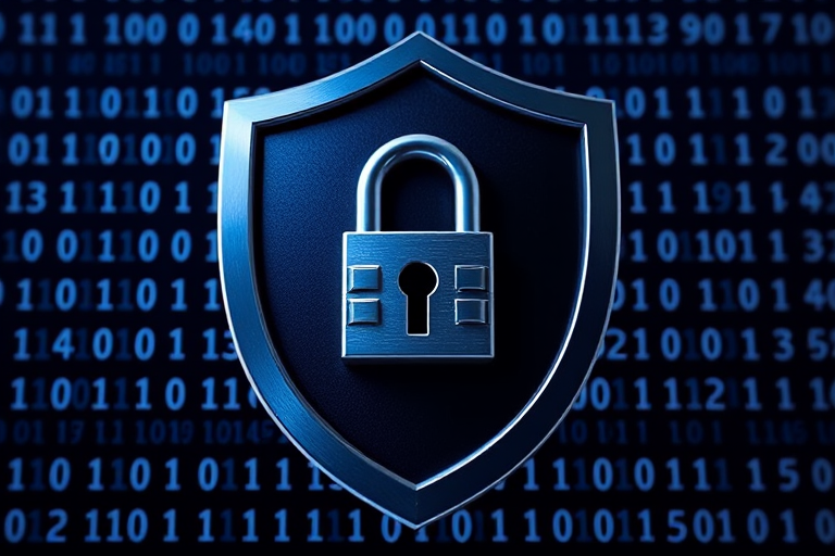 Create a digital illustration of a shield with a padlock in the center, featuring a binary code background, using a Canon EOS R camera with a 50mm lens at f/1.8, ISO 100, and a low angle view to emphasize depth and detail in the image.