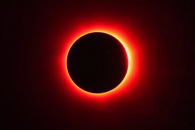 Create an image of a solar eclipse with a dark black circle representing the moon partially covering the bright sun, surrounded by a glowing red corona, captured using a DSLR camera with a 50mm lens, aperture f/2.8, ISO 100, overexposure to enhance brightness, and a shallow depth of field to emphasize the eclipse.