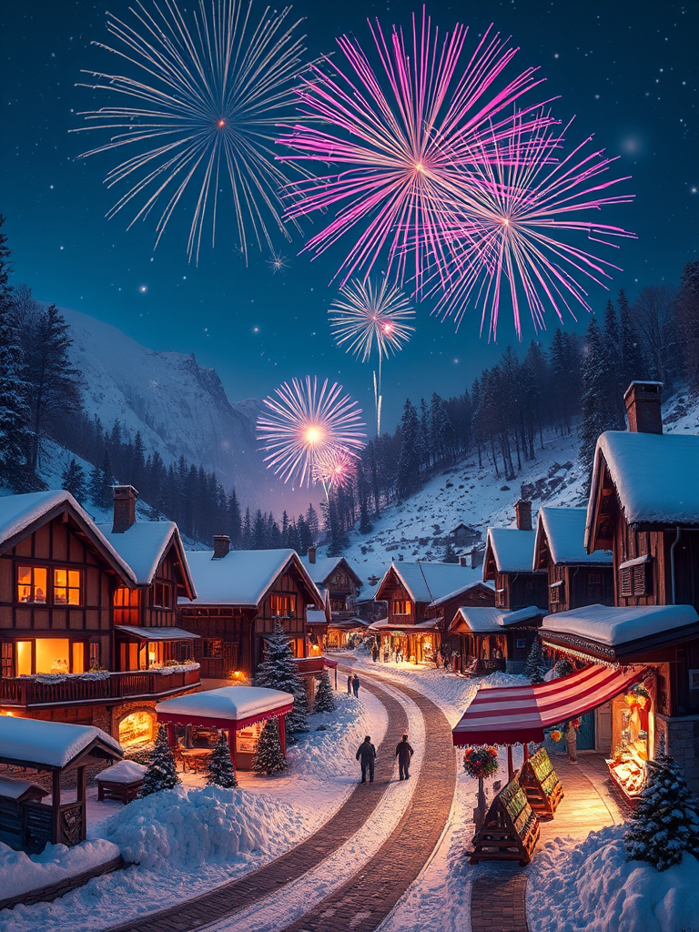 Create a vibrant winter holiday scene with fireworks in the night sky over a snowy village, featuring cozy houses, a bustling market, and festive decorations, captured with a DSLR camera at f/4, ISO 200, 1/60 sec, wide-angle lens, capturing a warm and joyful atmosphere.