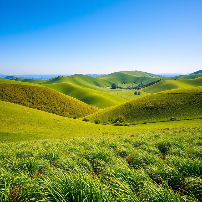 Create an image of a lush green landscape with rolling hills and a clear blue sky, using a DSLR camera, 50mm lens, f/8 aperture, ISO 100, 1/200 sec shutter speed, and a vibrant color profile for enhanced richness and clarity.
