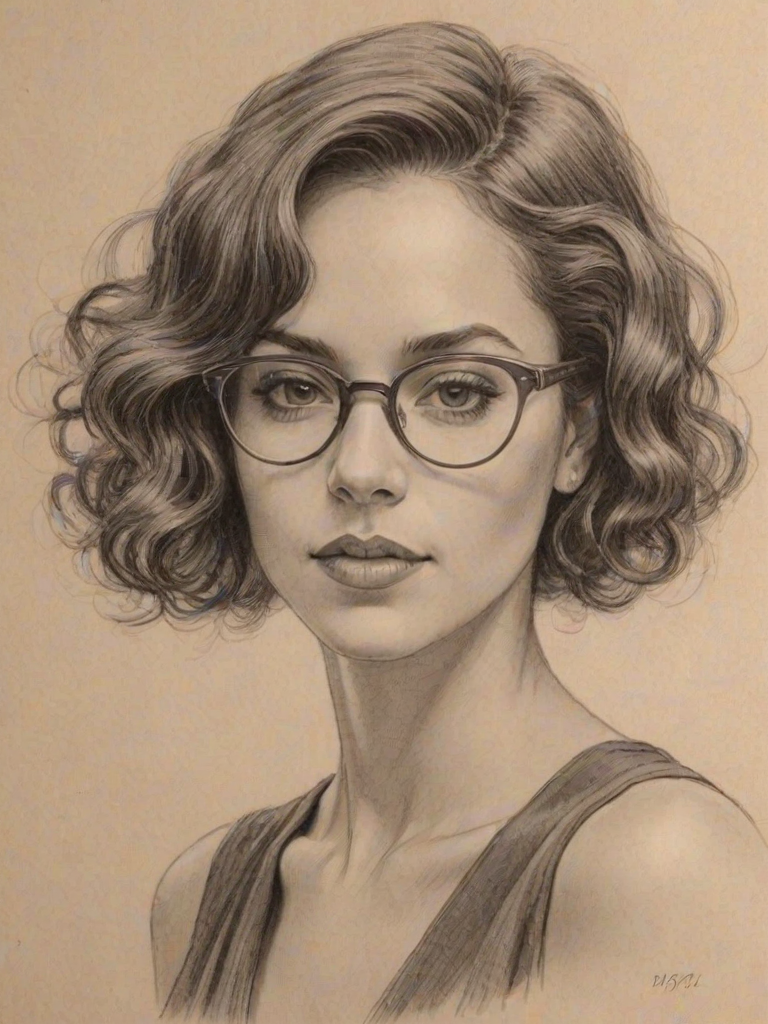 Beauteous Brittany Bell, pencil sketch, portrait of Exquisite woman 1924s in glasses, hair style beatnik, outline, clear lines, fine lines, 8k