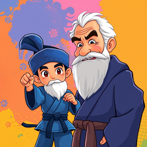 Create a vibrant illustration of a wise old man with a beard and a young martial artist in a blue outfit, set against a colorful background, shot with a Canon EOS R5 at f/5.6, 50mm lens, with natural lighting to enhance the colors and details in a playful cartoon style.