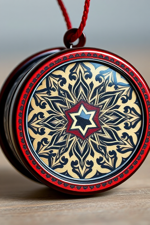 Create a high-resolution illustration of a decorative yo-yo with intricate patterns and a star design, shot from a front view using a DSLR camera at ISO 100, f/8 aperture, 50mm lens, natural lighting.