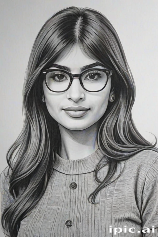 hot mia khalifa, pencil sketch, portrait of beautiful woman 60s in glasses, hair style beatnik, outline, clear lines, fine lines, 8k