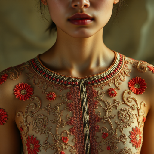 Face, shoulders, chest covered in openwork Cambodian embroidery. Raw, unedited image.
