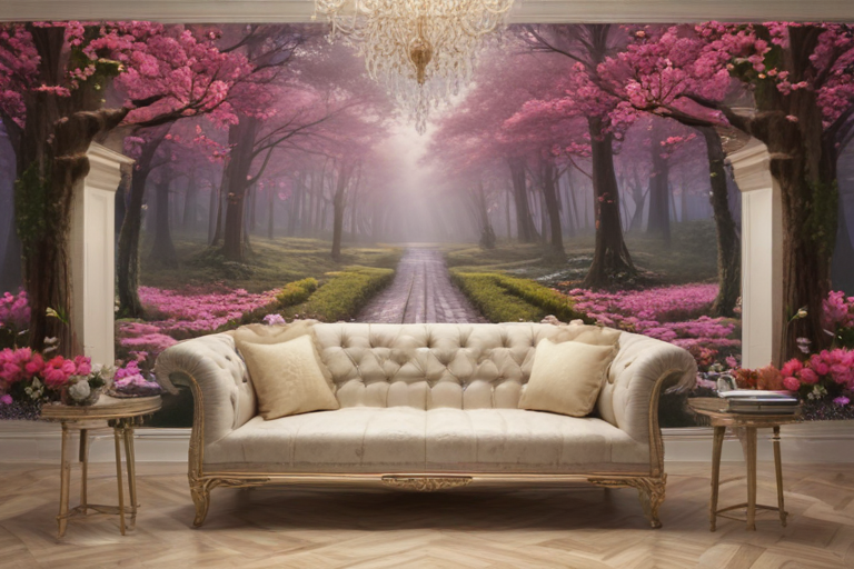 Elegant Living Room with Floral Wallpaper and Luxurious Sofa Design