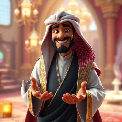 Create a 3D rendering of a wealthy Arab male sheikh from Dubai, inspired by the Disney animation style. The sheikh must have a smile and a playful but wise character. Place your character in an atmosphere of wealth and luxury. The image must be in high resolution format. Dynamic pose above the waist, gesturing with hands (Pixar Art style)++ highly detailed digital painting, art stations, concept art, soft focus, hard focus, illustrations. cinematic, visual effects, HDR, Unreal Engine 5, ray tracing, soft light, 8k, high detail, sparkling backlighting, luxury gem, game art, 3d, cartoon, colorful, magical, mysterious