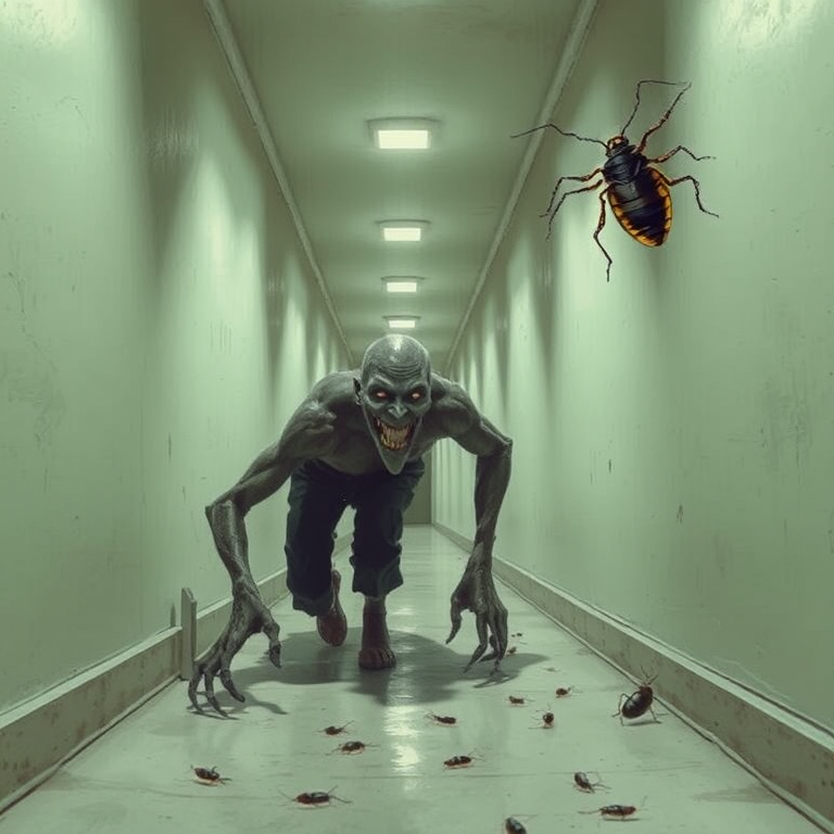 a crooked male with long arms and a creepy smile is crawling along a long white corridor and you can also see cockroaches in it there is a creepy atmosphere creepy art style