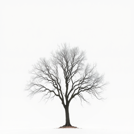create a high-resolution image of a solitary tree with intricate branches against a soft white background, using a Canon EOS R5 camera, 50mm lens, aperture f/1.8, shutter speed 1/200s, ISO 100, in a minimalistic view.